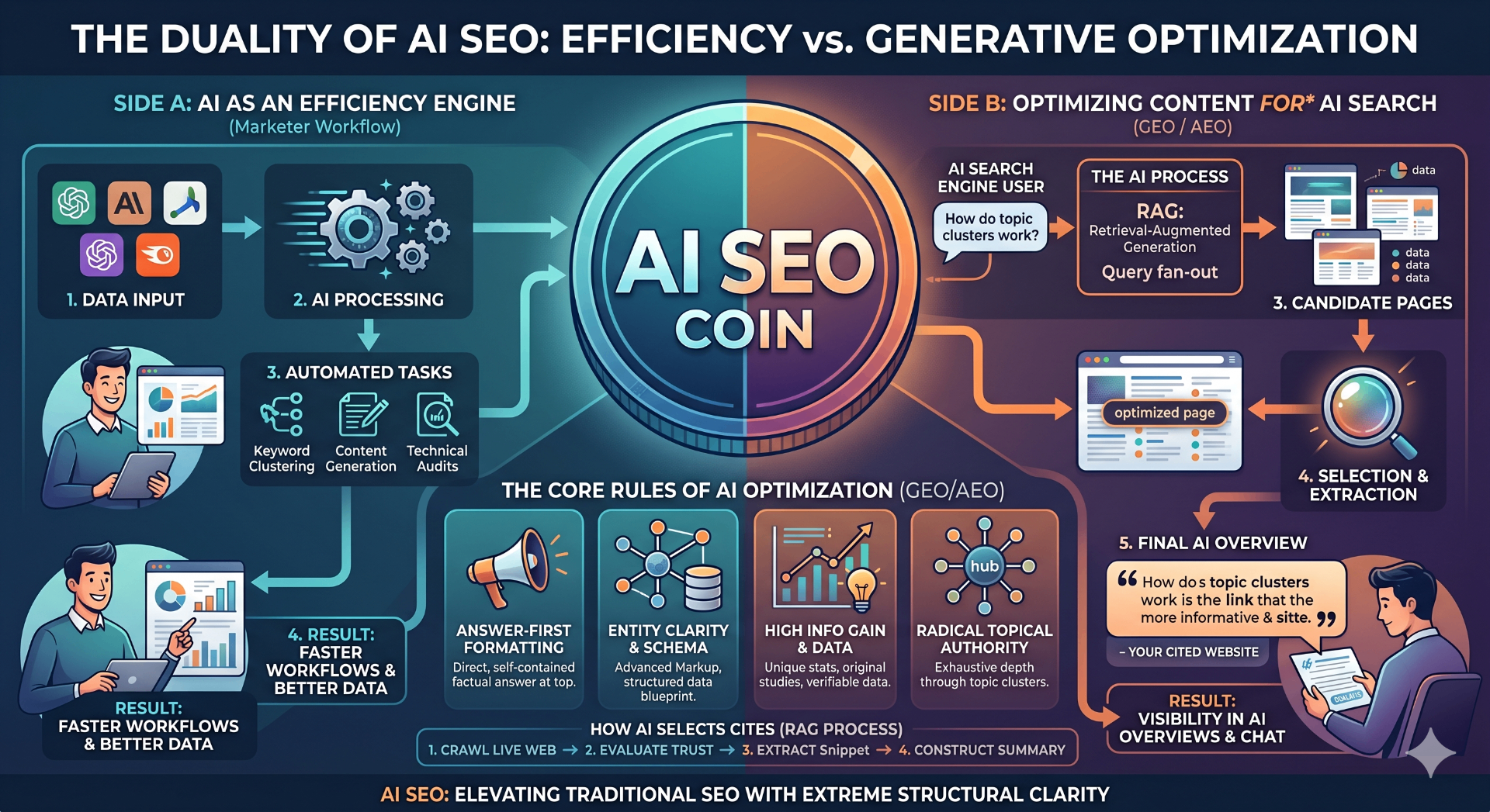 Diagram showing the duality of AI SEO: efficiency engine vs generative optimization